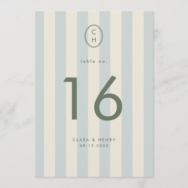 Numéro de table de mariage à monogramme rayé bleu  (Devant)