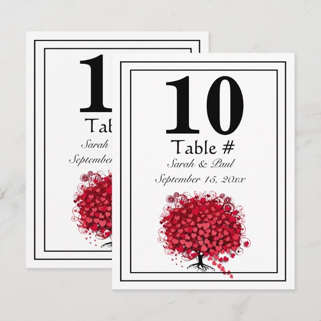 Numéro de table de mariage Arbre à feuilles de cœu (Devant / Derrière)