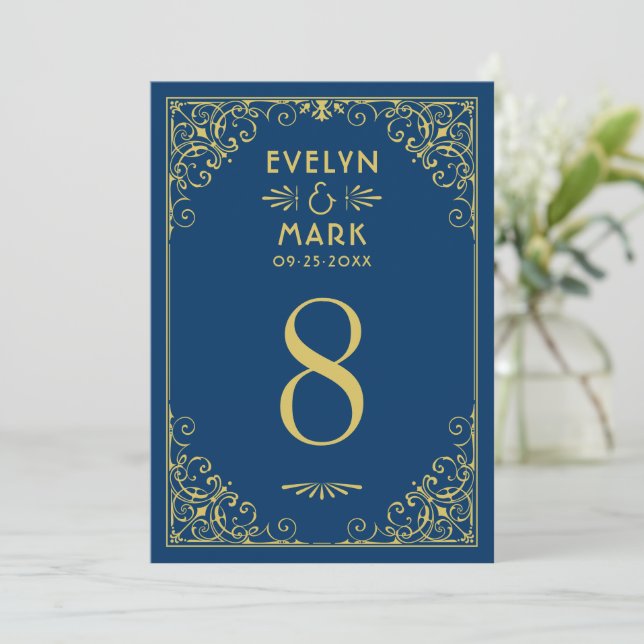 Numéro de table de mariage Art Déco Or et Navy fon (Debout devant)