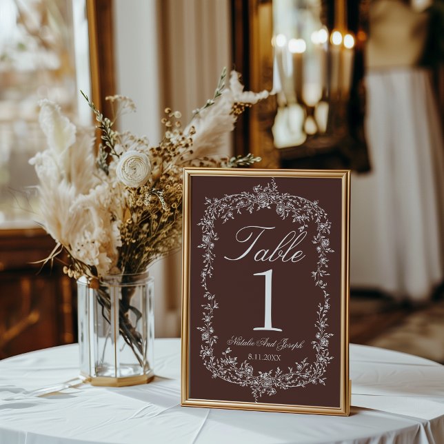 Numéro de table de mariage au chocolat brun floral (Créateur téléchargé)