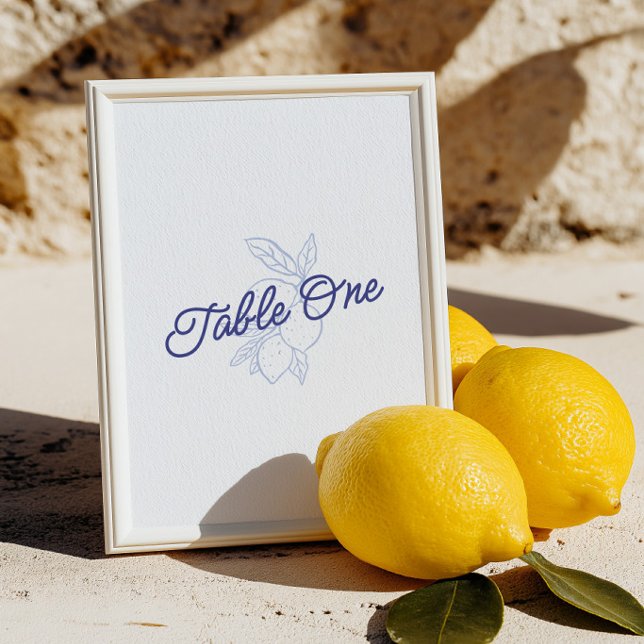Numéro de table de mariage au citron bleu et jaune (Italian Blue & Yellow Lemon Wedding Table Number)