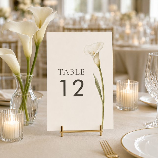 Numéro de table de mariage au lys calla blanc mode (Modern White Calla Lily Wedding Table Number)