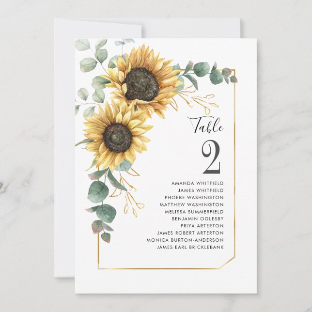 Numéro de table de mariage au tournesol eucalyptus (Devant)
