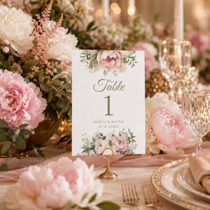 Numéro de table de mariage aux pivoines blush et i