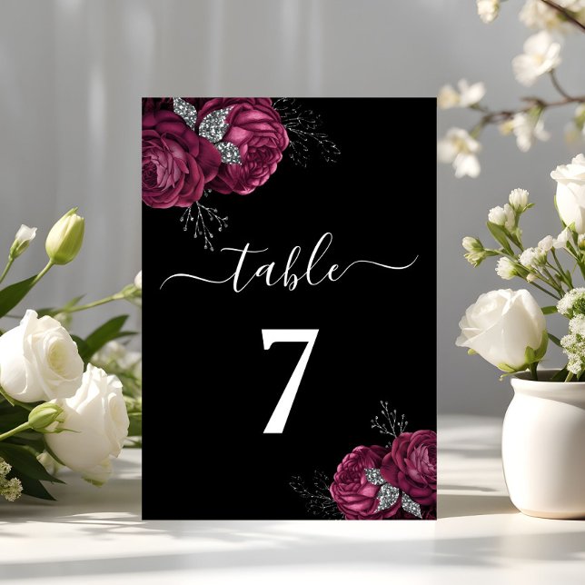 Numéro de table de mariage aux pivoines bordeaux f (Black Floral Burgundy Peonies Wedding Table Number)