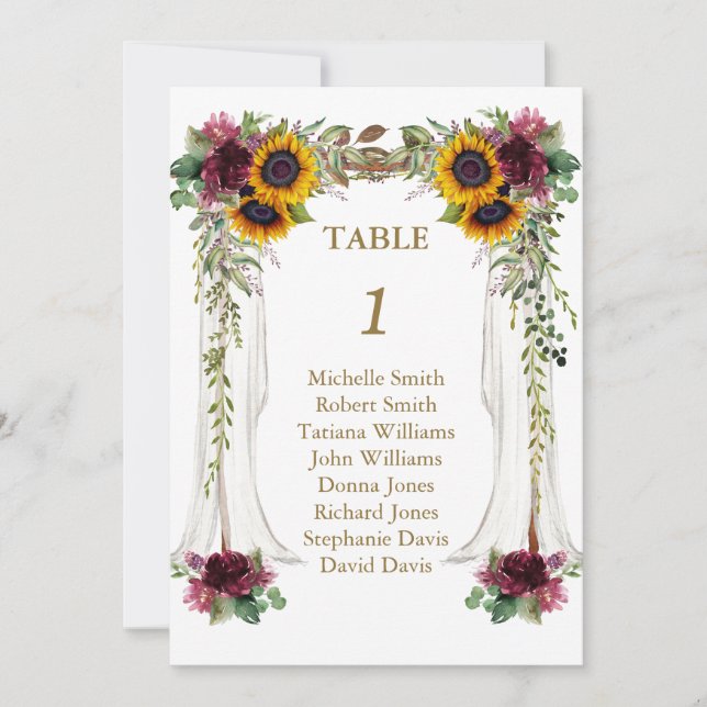 Numéro de table de mariage aux tournesols sous la  (Devant)