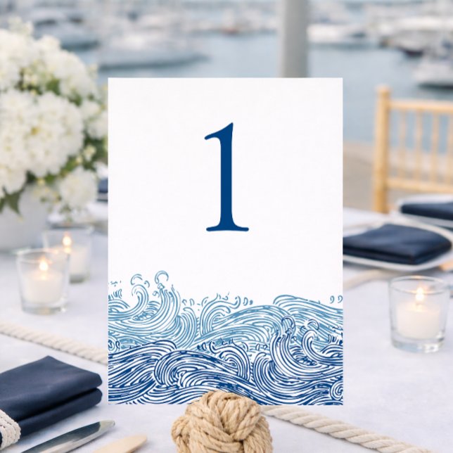 Numéro de table de mariage aux vagues océaniques b (Blue Ocean Waves Wedding Table Number for a Yacht Club Wedding by Concertina Press)