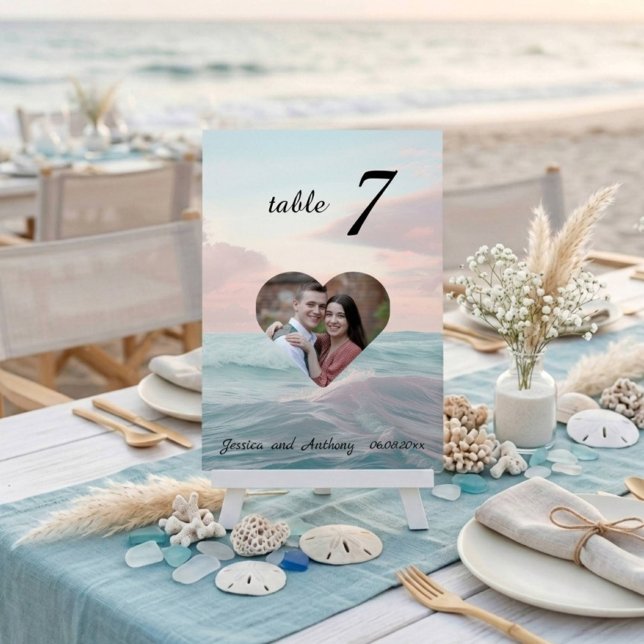 Numéro de table de mariage avec photo de plage élé (Créateur téléchargé)