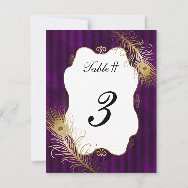 Numéro de table de mariage avec plume de paon doré (Devant)