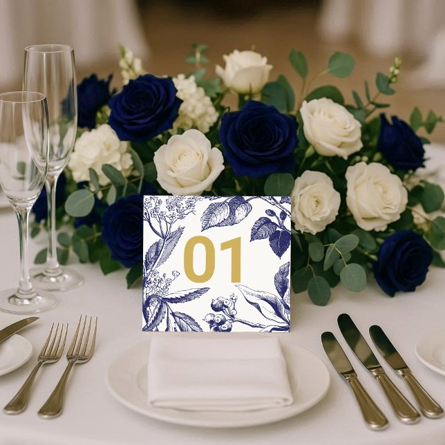Numéro de table de mariage bleu et or botanique (Créateur téléchargé)