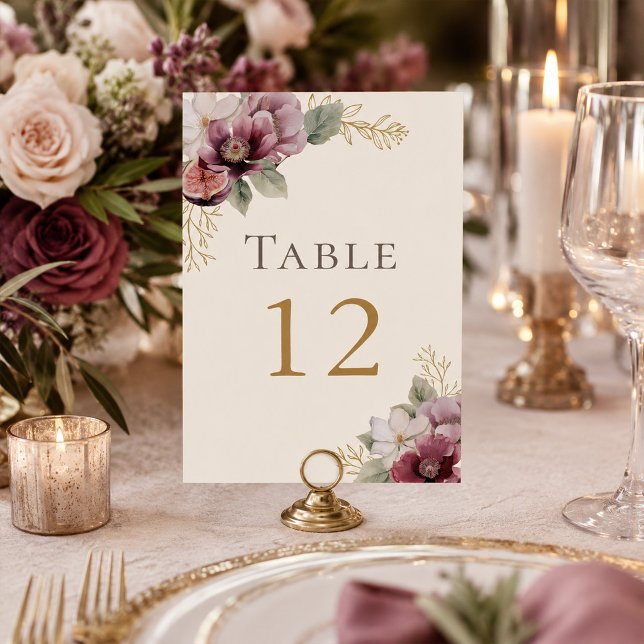 Numéro de table de mariage botanique à la prune et (Plum & Olive Botanical Wedding Table Number)