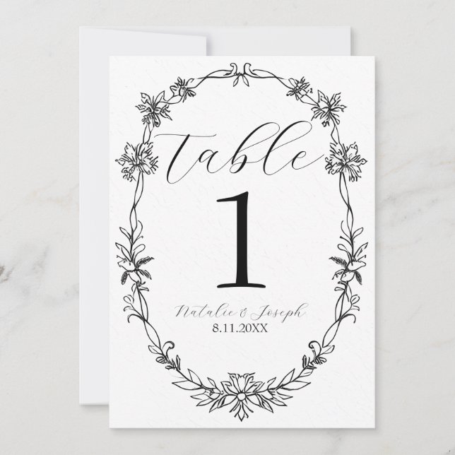 Numéro de table de mariage botanique noir et blanc (Devant)