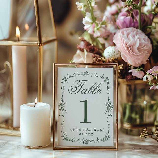 Numéro de table de mariage botanique vert floral (Créateur téléchargé)