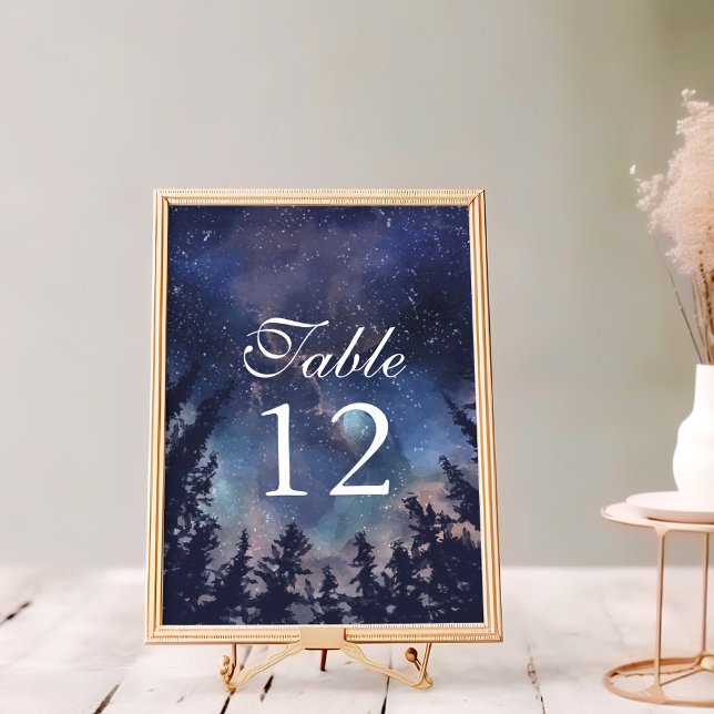 Numéro de table de mariage céleste de la forêt de  (Starry Night Forest Wedding Table Numbers on a white wooden table in a golden frame.)