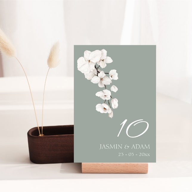 Numéro de table de mariage chic vert sauge blanc o (Modern Sage Green White Orchids Wedding Table Number)