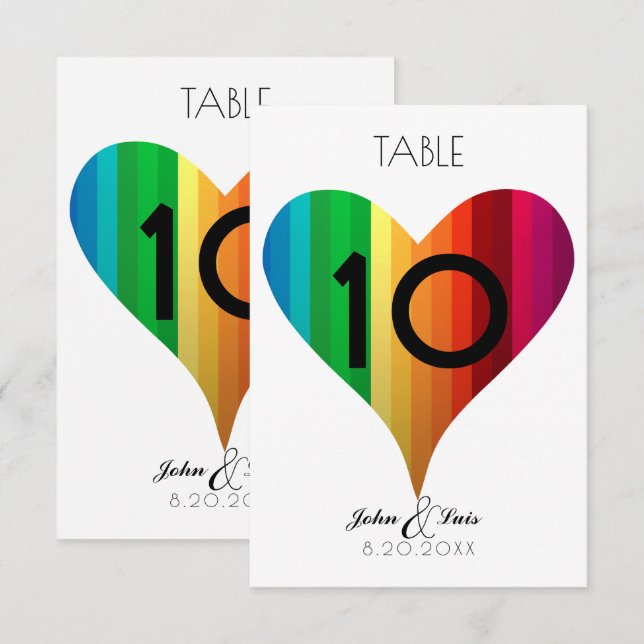 Numéro de table de mariage Cœur Arc-en-ciel (Devant / Derrière)