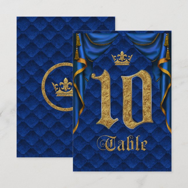 Numéro de table de mariage Couronne d'or Bleu Roya (Devant / Derrière)