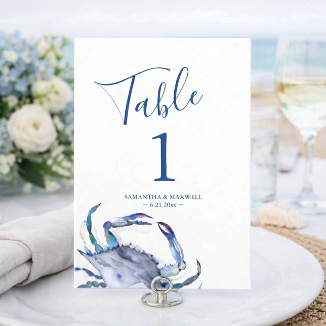 Numéro de table de mariage crabe aquarelle bleu cô (Créateur téléchargé)
