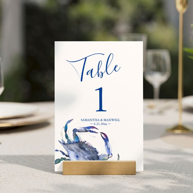 Numéro de table de mariage de plage crabe côtier b (Table number cards destination beach wedding watercolor blue crab art by Victoria Grigaliunas)