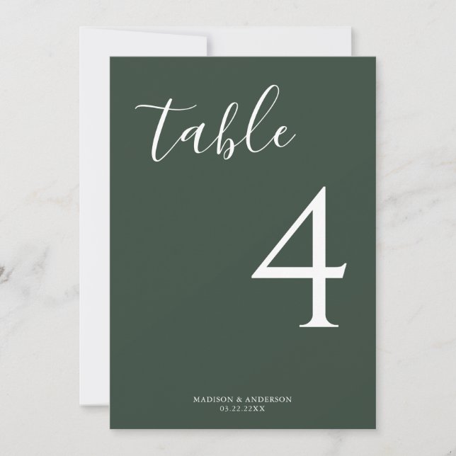 Numéro de table de Mariage de script vert profond  (Devant)