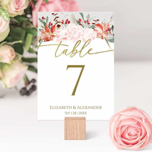 Numéro de table de mariage d'hiver Aquarelle dorée (Créateur téléchargé)