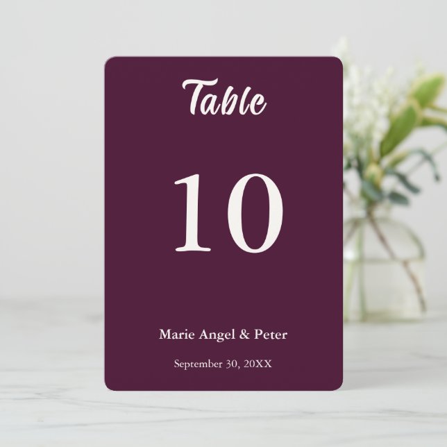 Numéro de table de mariage double face prune foncé (Debout devant)