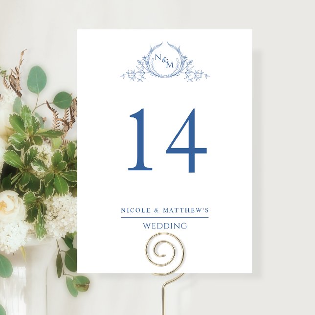 Numéro de table de mariage élégant bleu monogramme (Créateur téléchargé)