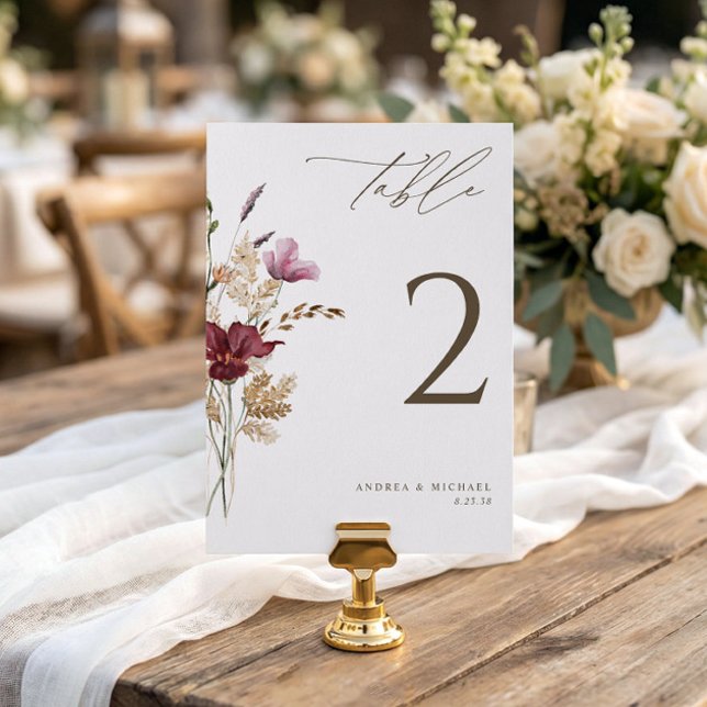 Numéro de table de mariage élégant Boho Wildflower (Elegant fall wildflowers wedding table numbers - double-sided - 5x7)