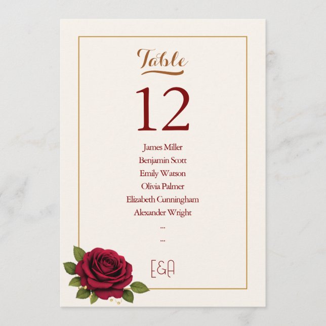Numéro de table de mariage élégant Bourgogne et iv (Devant)