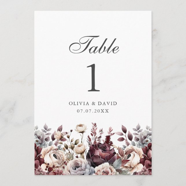 Numéro de table de mariage élégant Bourgogne et ro (Devant)