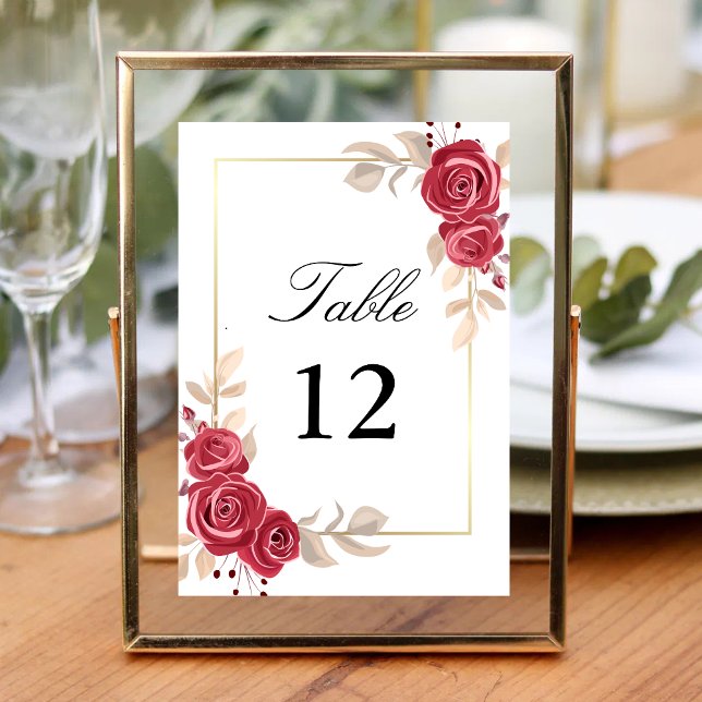 Numéro de table de mariage élégant cadre doré fleu (Elegant red floral gold frame table number adds rich elegance while guiding guests.)
