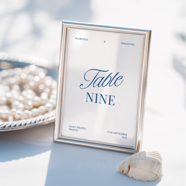 Numéro de table de mariage élégant et moderne bleu (Modern Elegant Blue & White Wedding Table Number)