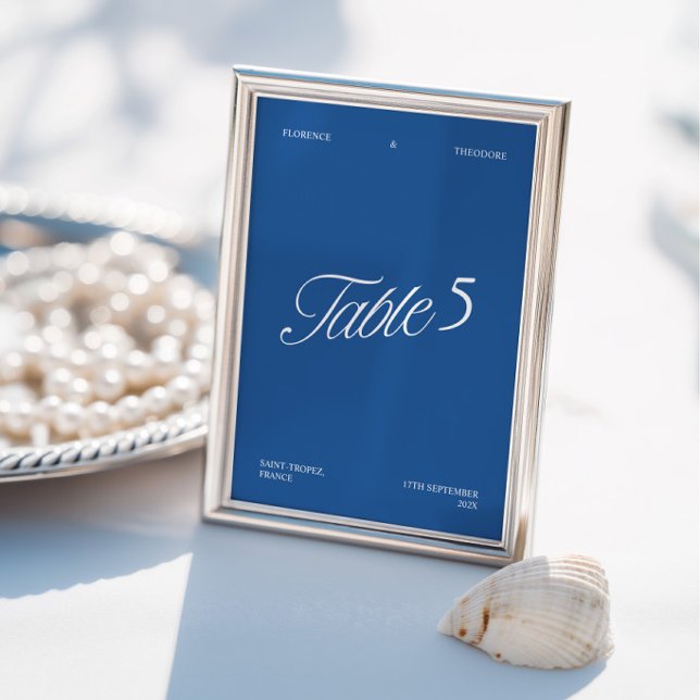 Numéro de table de mariage élégant et moderne bleu (Modern Elegant Blue & White Wedding Table Number)