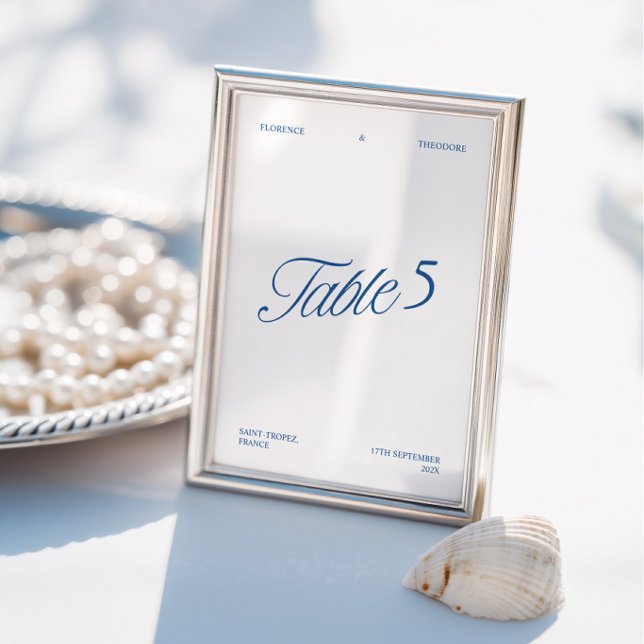 Numéro de table de mariage élégant et moderne bleu (Modern Elegant Blue & White Wedding Table Number)