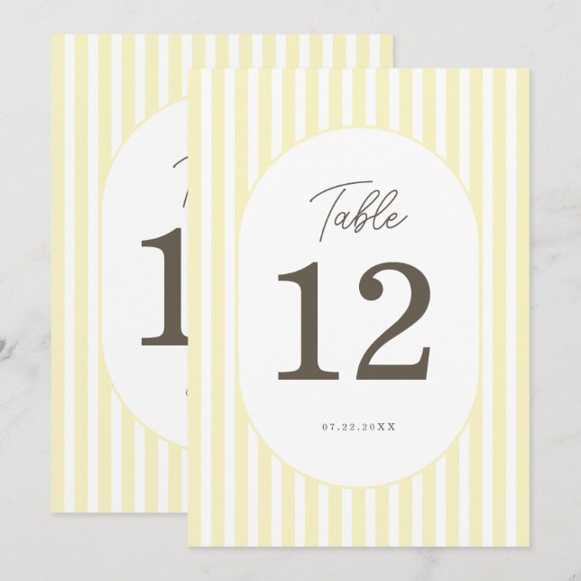 Numéro de table de mariage élégant rayé jaune doux (Devant / Derrière)