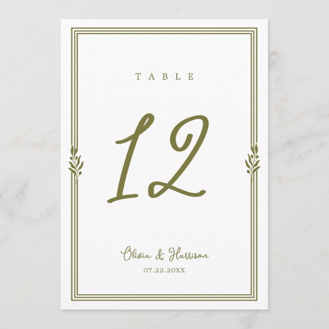 Numéro de table de mariage élégant vert olive tosc (Devant)