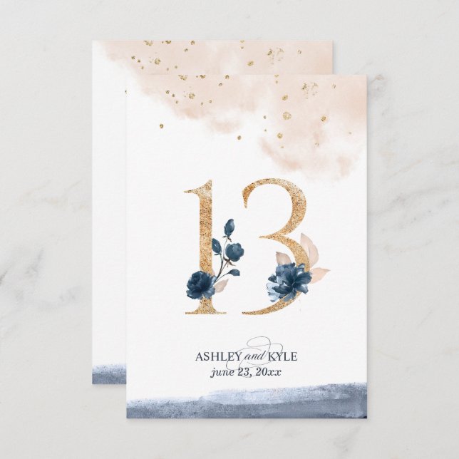 Numéro de table de mariage en bleu marine, rose bl (Devant / Derrière)