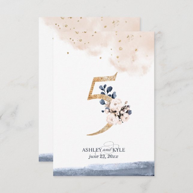 Numéro de table de mariage en bleu marine, rose po (Devant / Derrière)