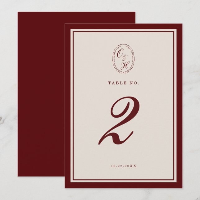 Numéro de table de mariage en bordeaux à l'ancienn (Devant / Derrière)