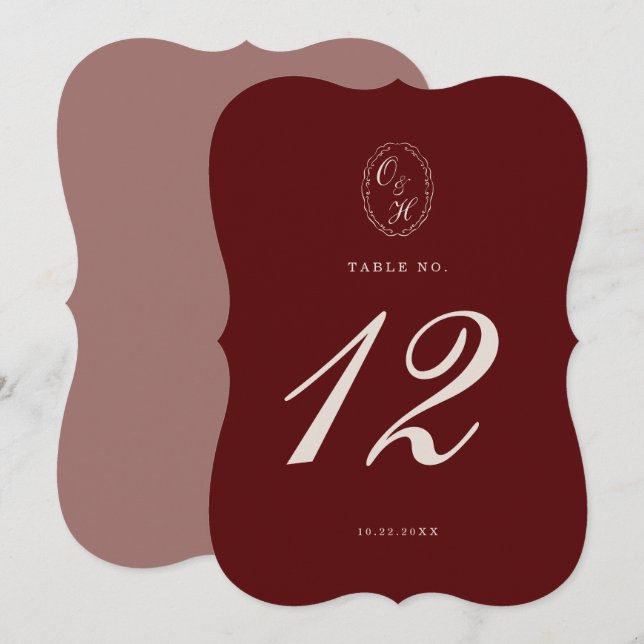 Numéro de table de mariage en burgundy découpé (Devant / Derrière)