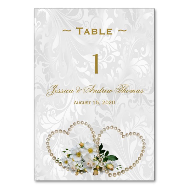 Numéro de table de mariage en damassé Pearl Hearts (Par défaut)