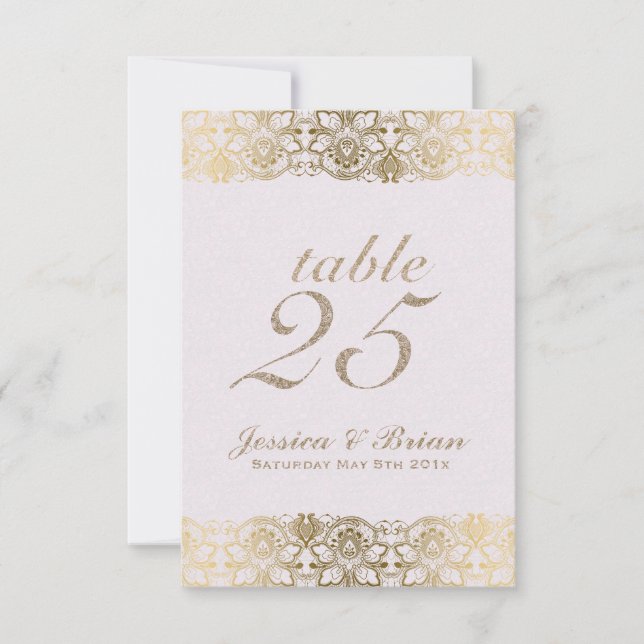 Numéro de table de mariage en dentelle dorée et bl (Devant)
