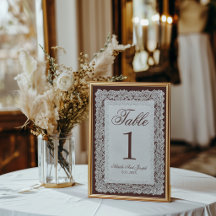 Numéro de table de mariage en dentelle marron choc