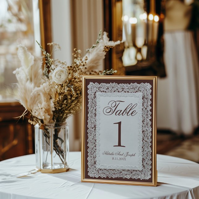 Numéro de table de mariage en dentelle marron choc (Créateur téléchargé)