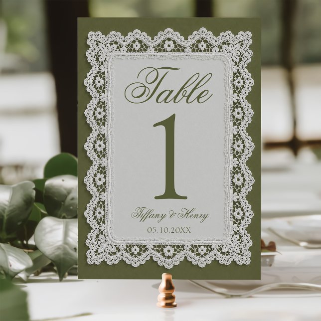 Numéro de table de mariage en dentelle vert olive (Créateur téléchargé)
