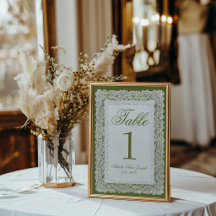 Numéro de table de mariage en dentelle vert olive