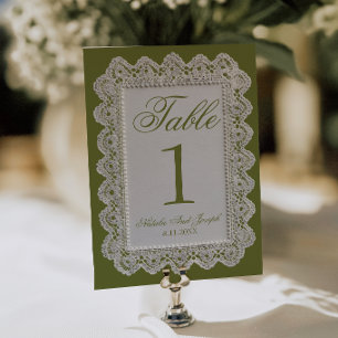 Numéro de table de mariage en dentelle vert olive