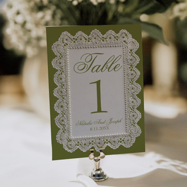Numéro de table de mariage en dentelle vert olive  (Créateur téléchargé)
