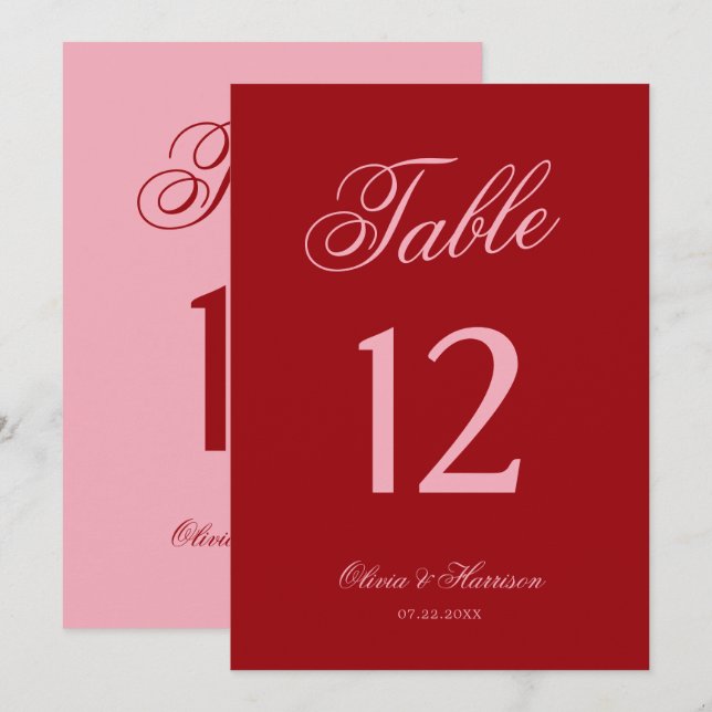 Numéro de table de mariage en écriture rose rouge  (Devant / Derrière)