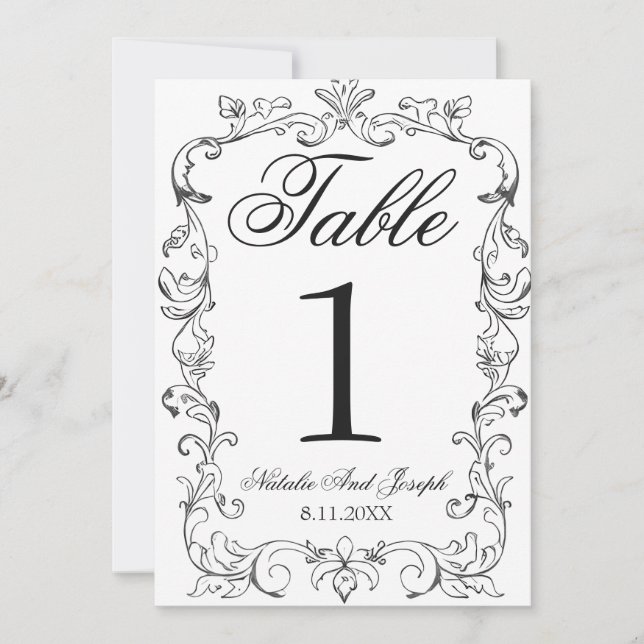 Numéro de table de mariage en noir et blanc à l'an (Devant)
